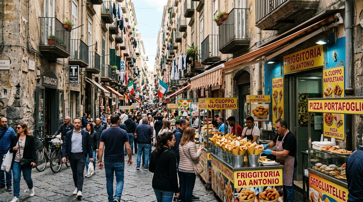 Naples Spaccanapoli street with colourful street food stalls and historic buildings