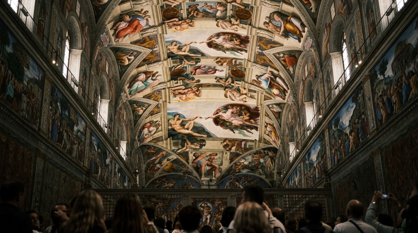 Sistine Chapel ceiling looking up at Michelangelo frescoes in best things to do in rome