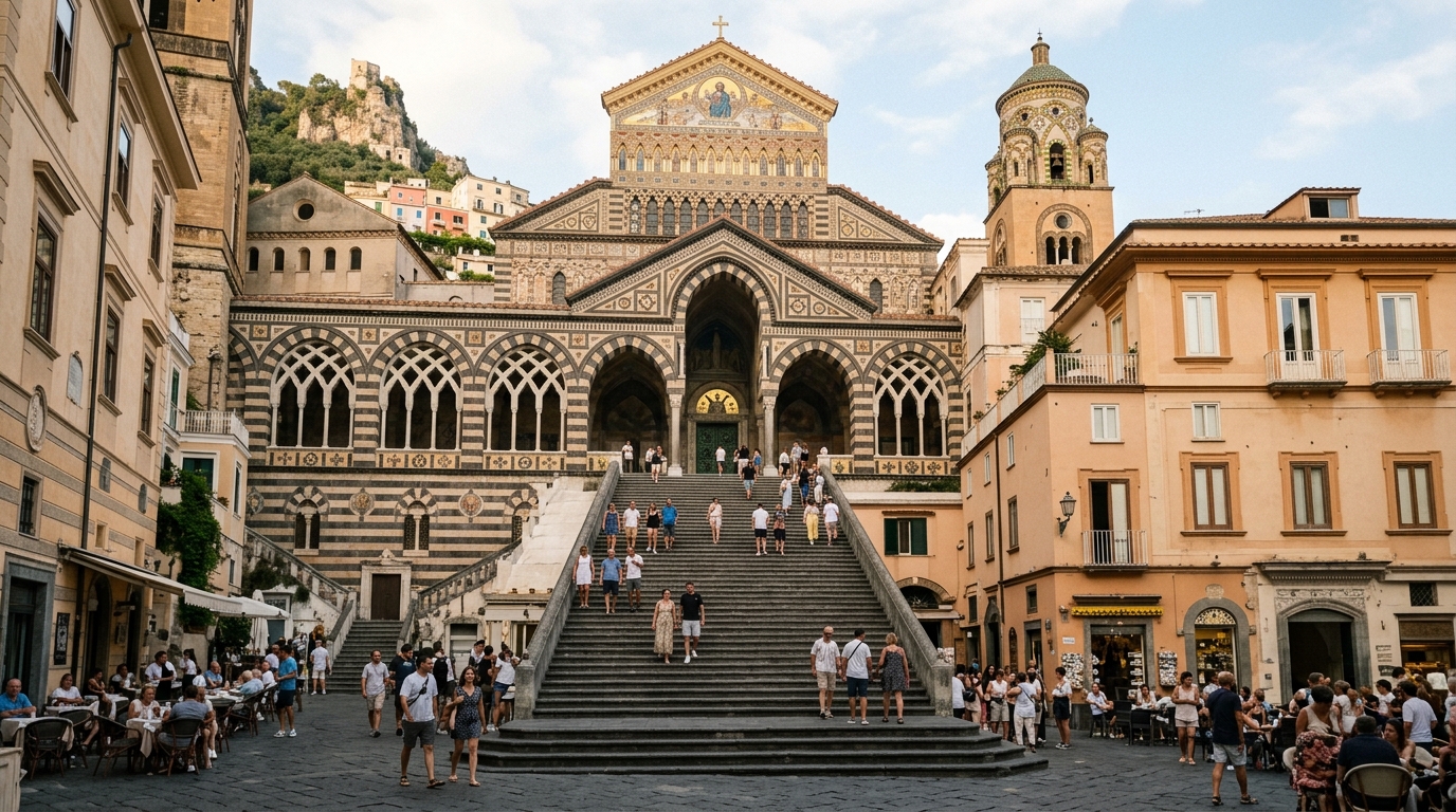 Amalfi Cathedral di Sant'Andrea front facade with stairs and piazza