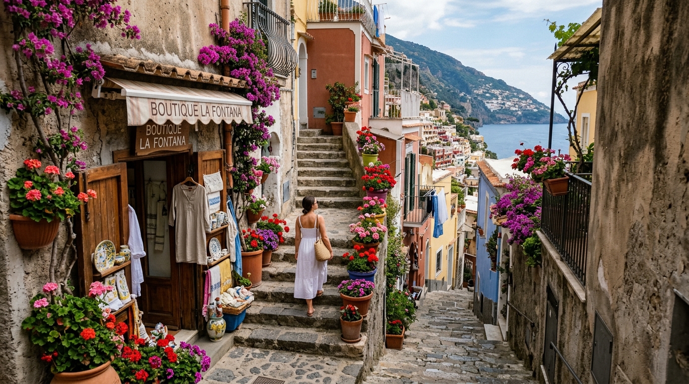 Positano stepped narrow alleyway with colourful flower pots and local shop