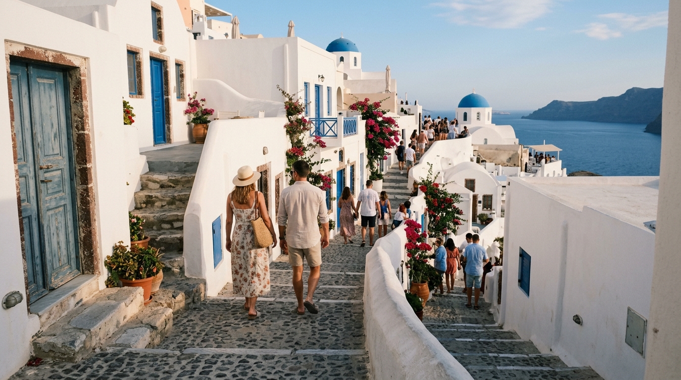 Oia village laneway in afternoon light with visitors and whitewashed walls