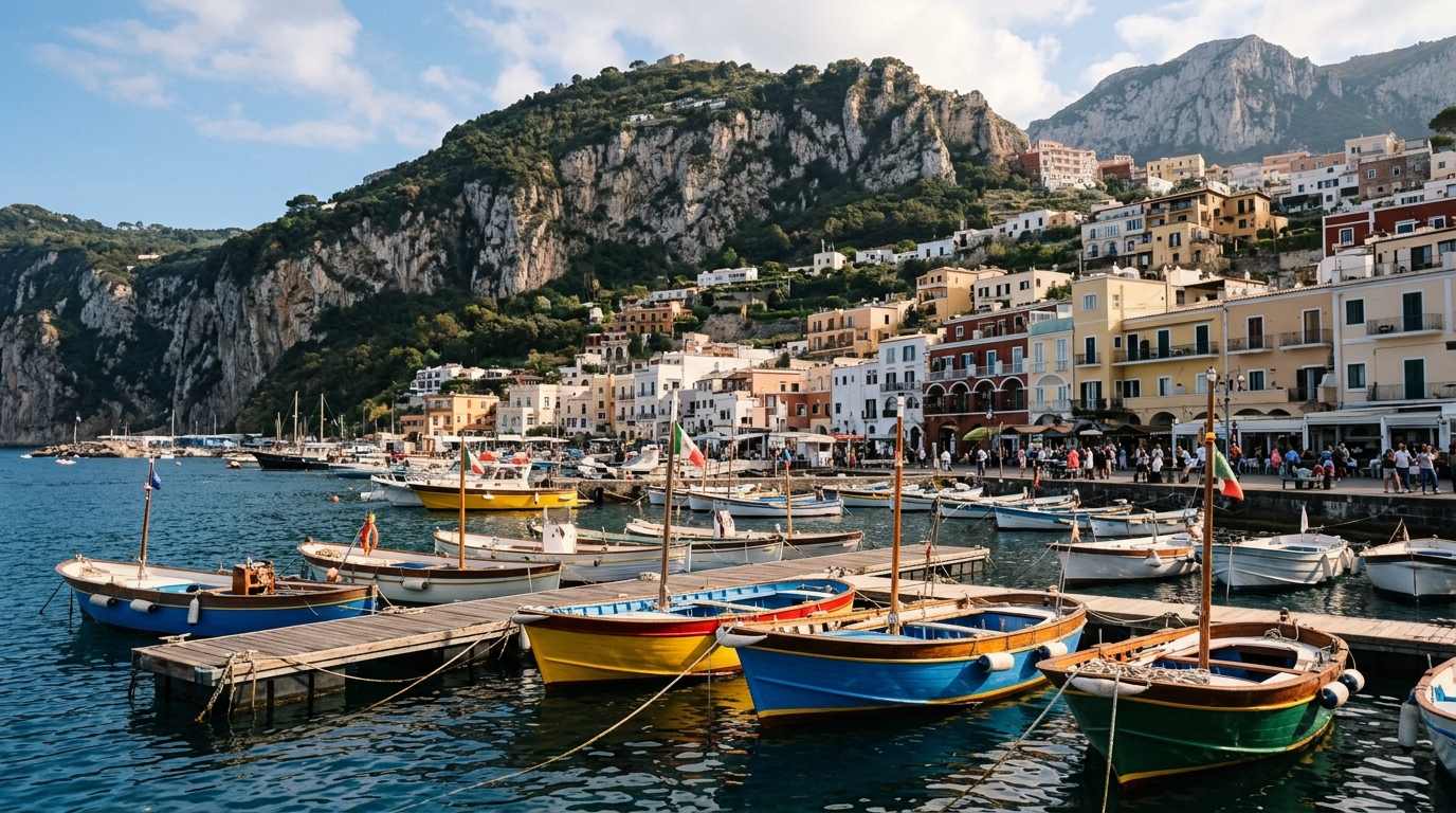 Capri island harbor with colorful boats and cliffside town in background in best tours from positano