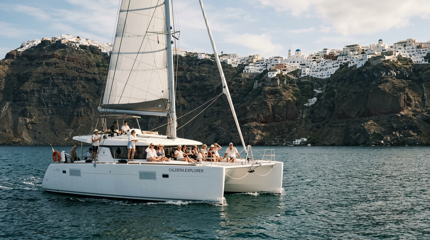 Shared catamaran sailing inside Santorini caldera with Oia visible on the cliffs above in best tours from santorini