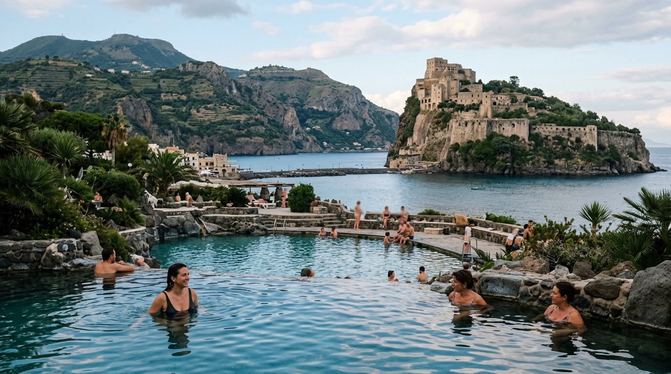 Ischia thermal spa pool with castle Aragonese in background and volcanic landscape