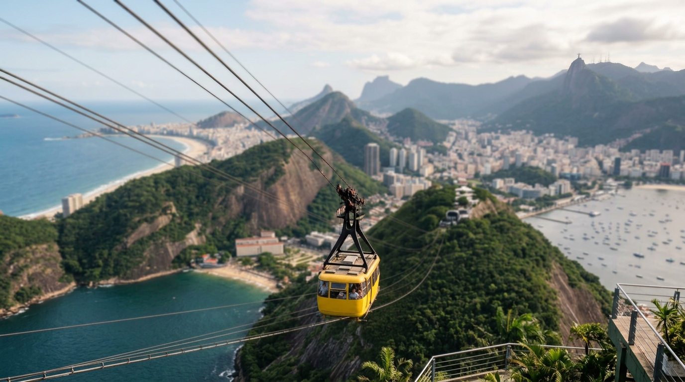 Sugarloaf Mountain (Pao de Acucar) cable car with Rio de Janeiro city and Guanabara Bay in background in rio de janeiro travel guide