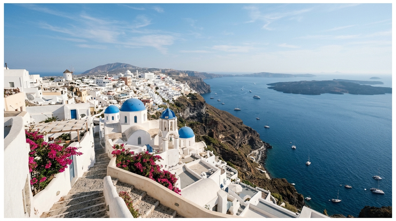 Panoramic caldera view from Oia Santorini showing white-domed buildings and deep blue Aegean Sea