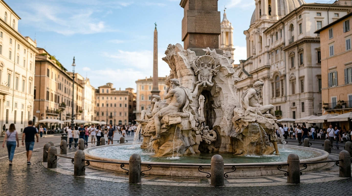 Piazza Navona Fountain of the Four Rivers with baroque architecture in best things to do in rome