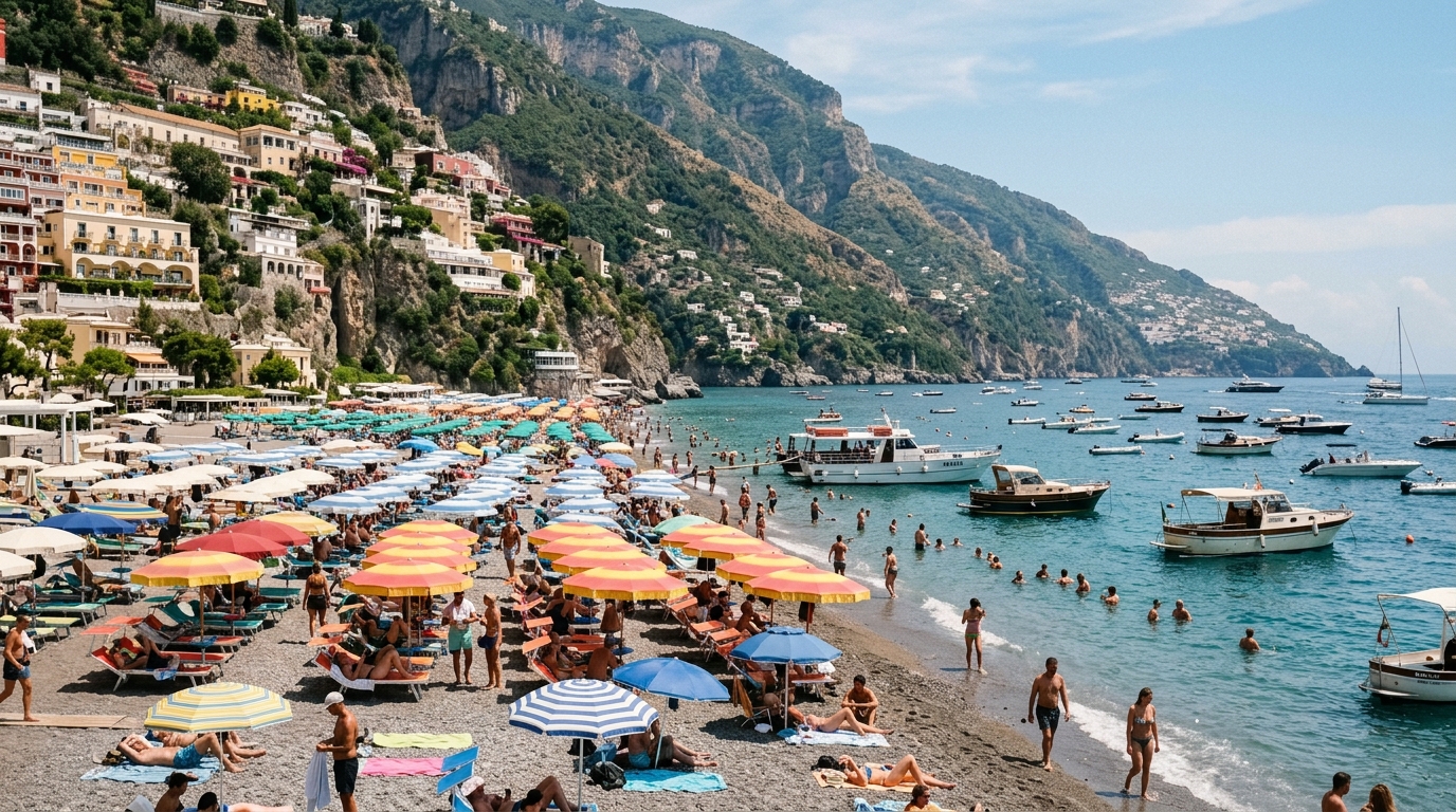Positano Spiaggia Grande beach with colourful umbrellas and boats