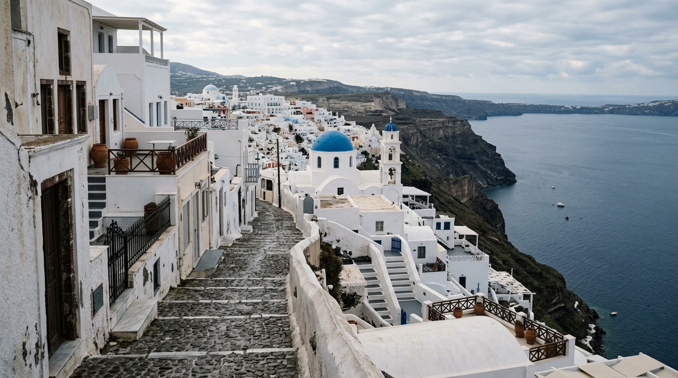 Santorini Fira village in winter quiet with no tourists