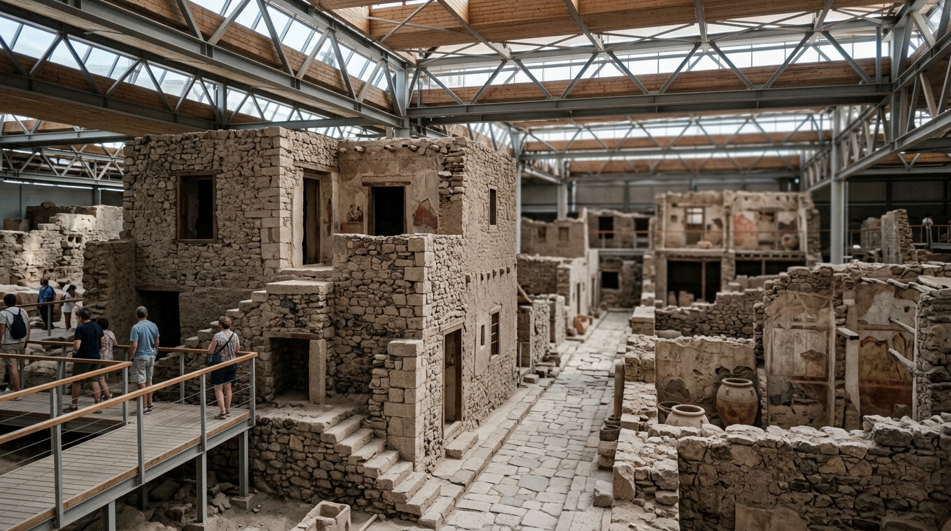 Akrotiri archaeological site interior with preserved multi-story Minoan buildings under protective roof in best tours from santorini
