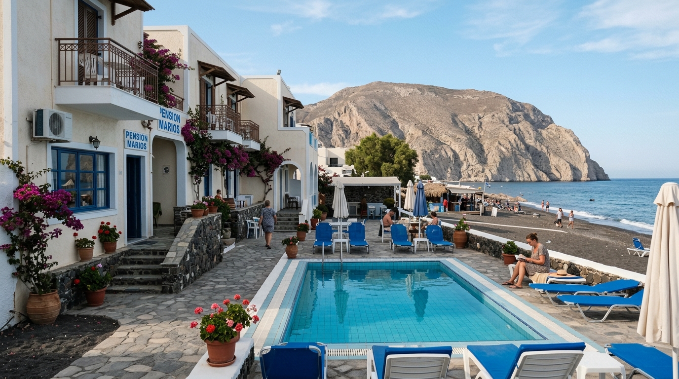 Budget hotel with small pool near Perissa black sand beach Santorini