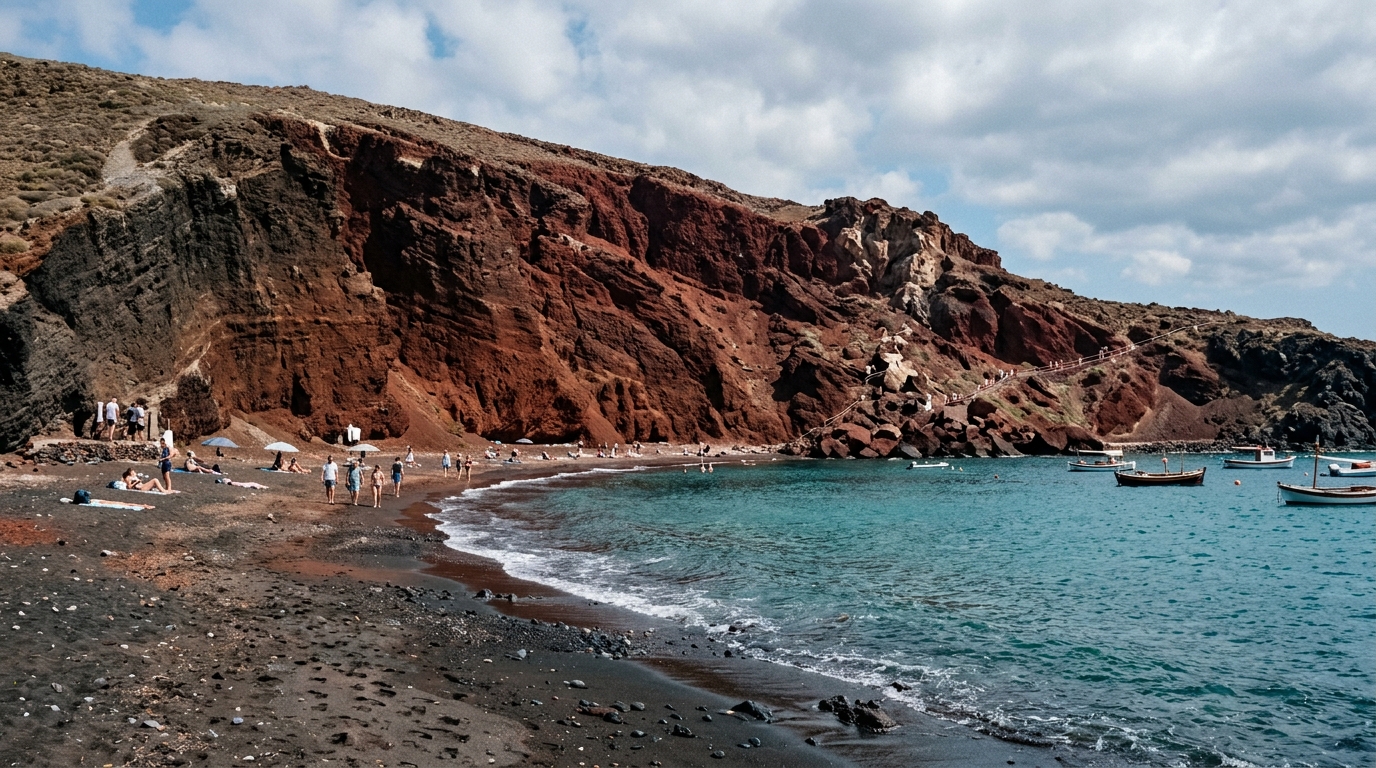 The famous Red Beach Santorini with dramatic red volcanic cliffs above black sand