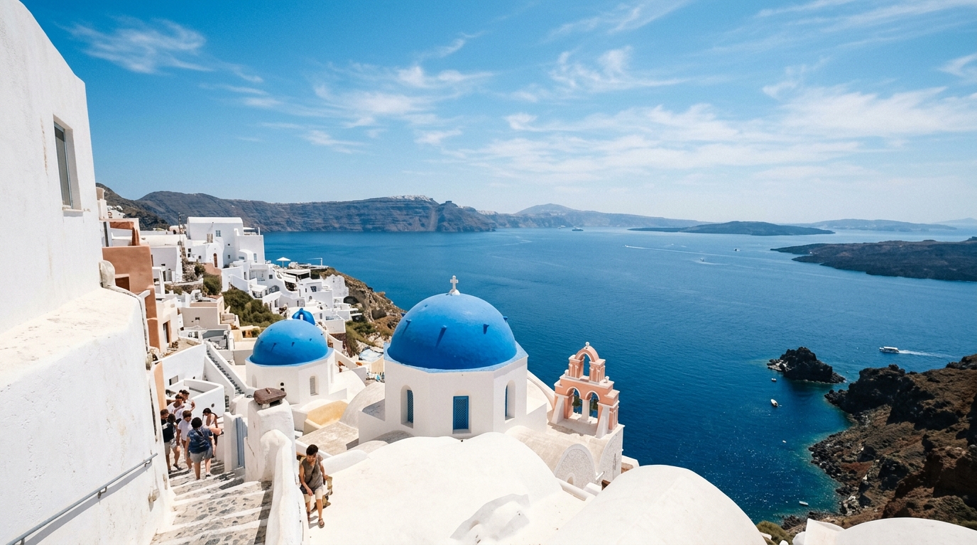 Iconic blue-domed churches at Oia, Santorini, with caldera view behind them under bright Greek summer sky