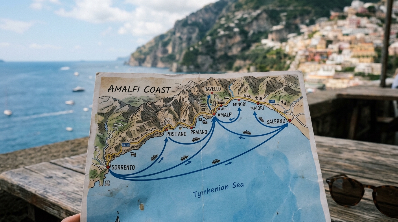 Map showing Amalfi Coast towns from Sorrento to Salerno with ferry routes marked