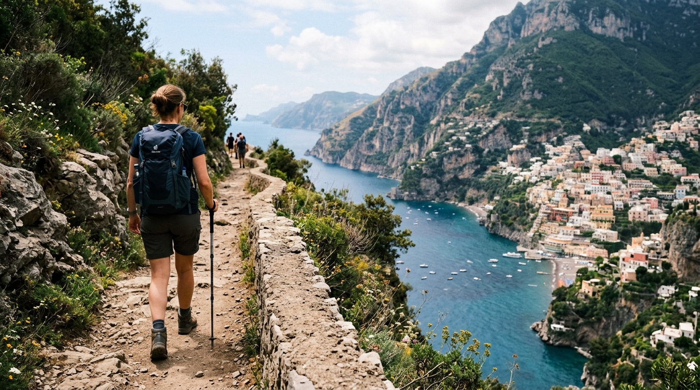 Hiker on Path of the Gods trail overlooking Positano and the coast below