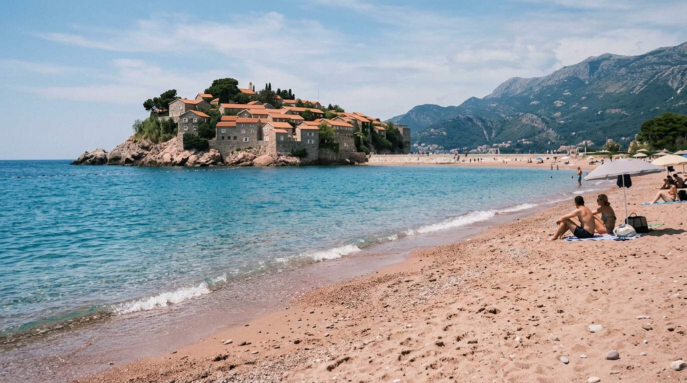 Sveti Stefan island viewed from the public beach with pink-tinged sand and Adriatic blue water in foreground in sveti stefan travel guide