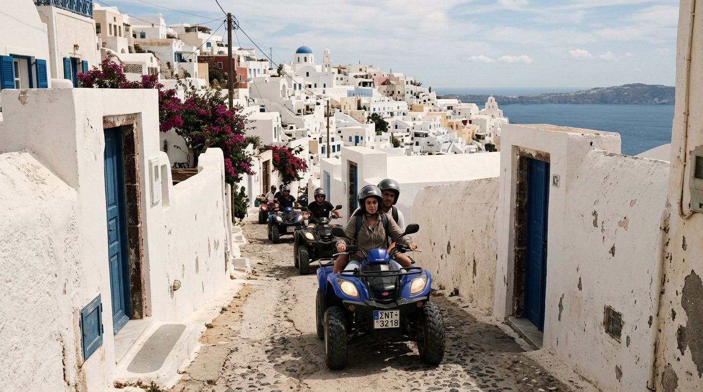 ATV riders on a narrow road through Santorini village with whitewashed walls on both sides in best tours from santorini