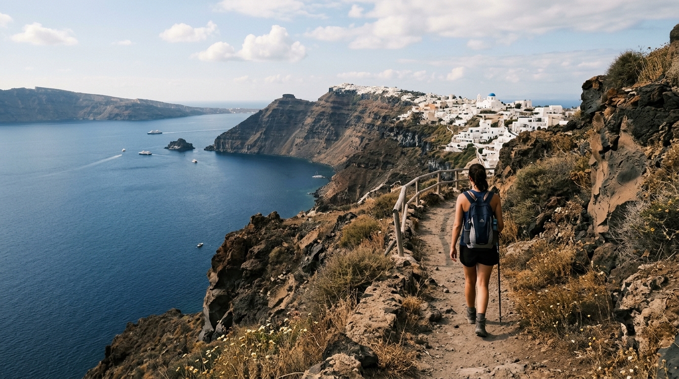 The Fira to Oia hiking trail along the Santorini caldera rim with sea views
