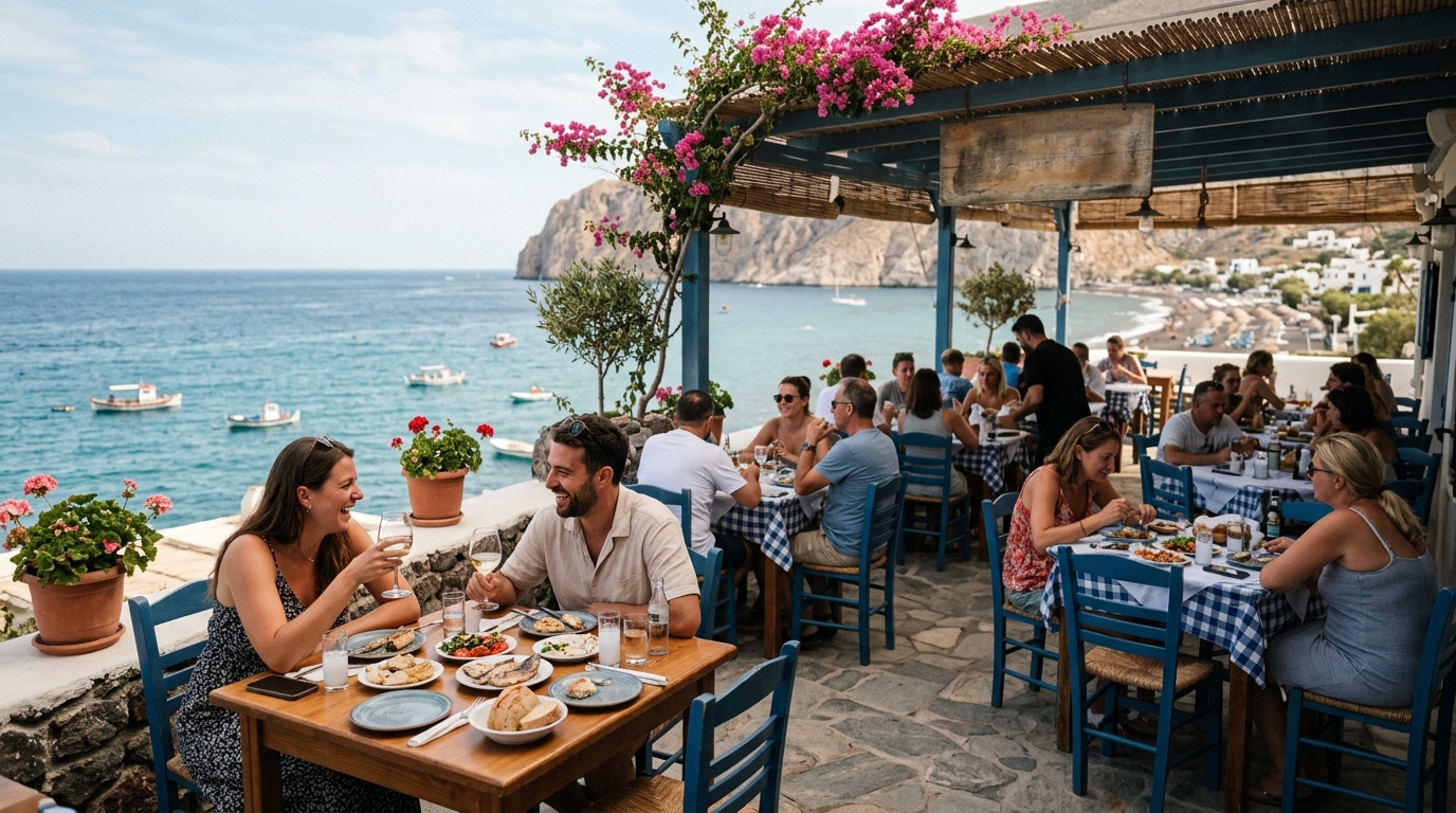 Greek taverna in Perissa Santorini with outdoor seating near the sea