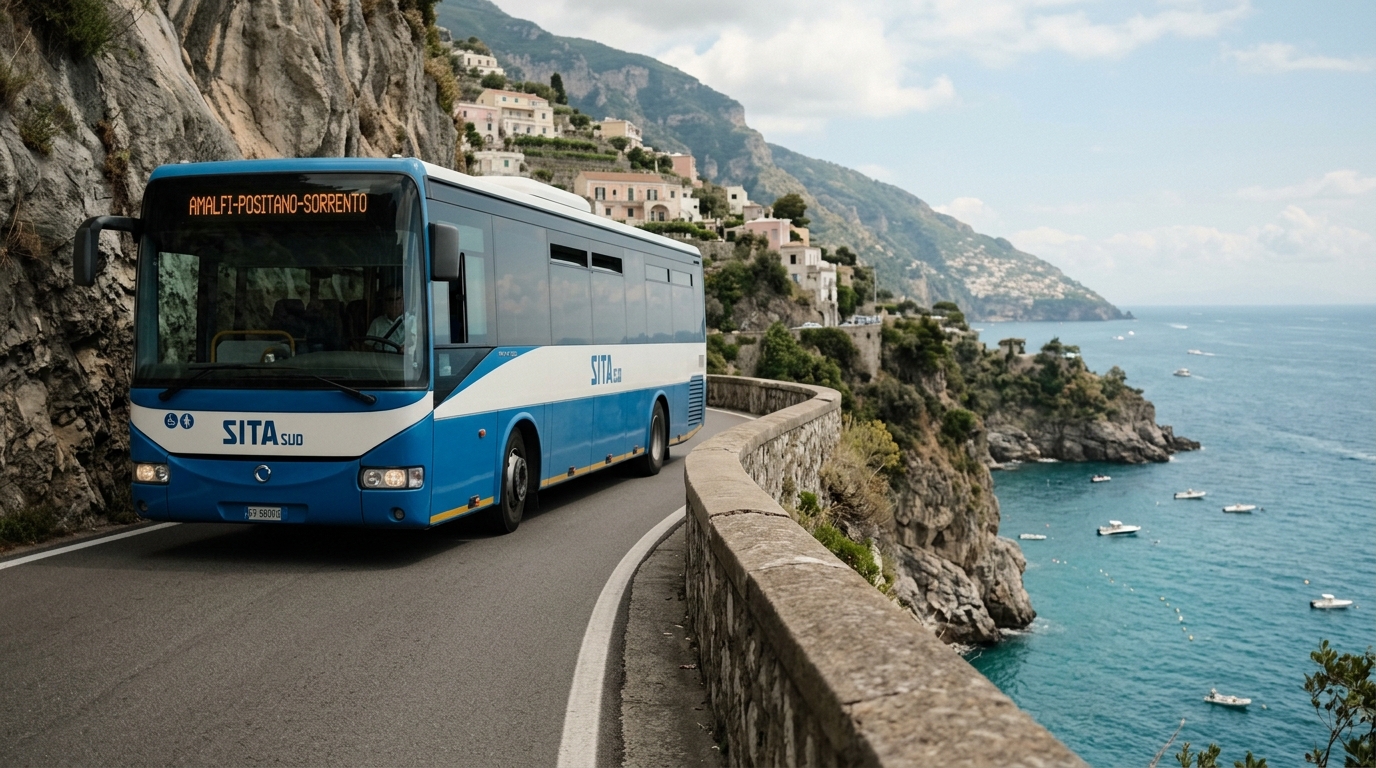 SITA bus on narrow Amalfi Coast road with sea view