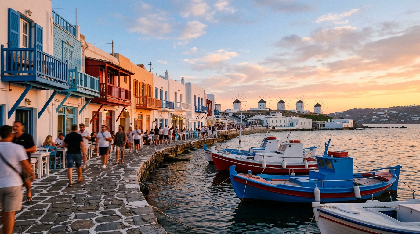 Little Venice waterfront at Mykonos with colourful fishing boat buildings and caldera view at sunset