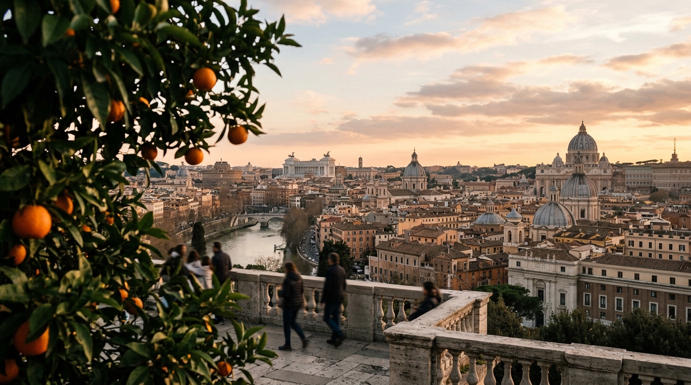 Rome rooftop panorama from Gianicolo hill with orange garden trees in best things to do in rome