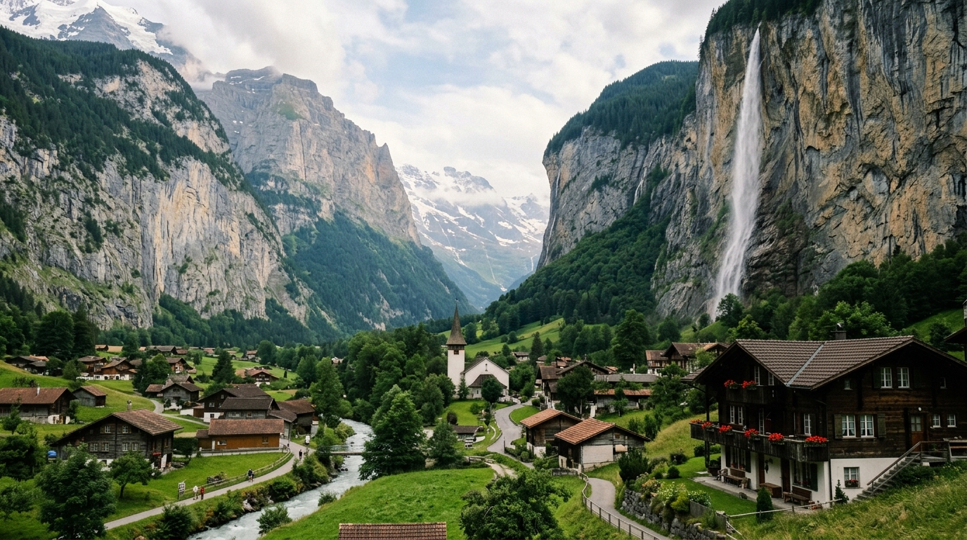 Staubbach Falls cascading down vertical cliff with traditional Swiss chalets in Lauterbrunnen valley in swiss alps travel guide