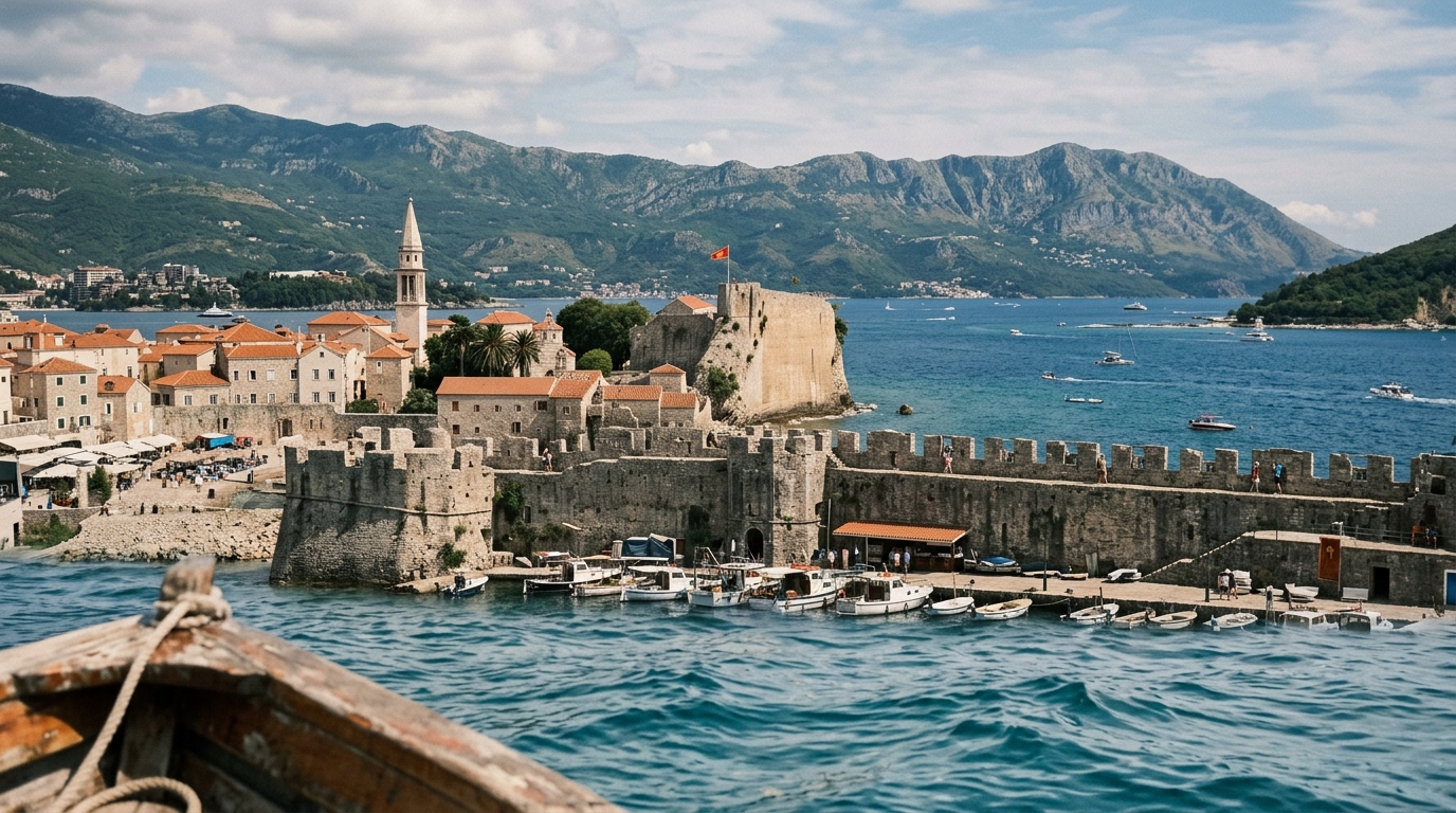 Budva medieval old town walls from the sea with Adriatic in background Montenegro in sveti stefan travel guide