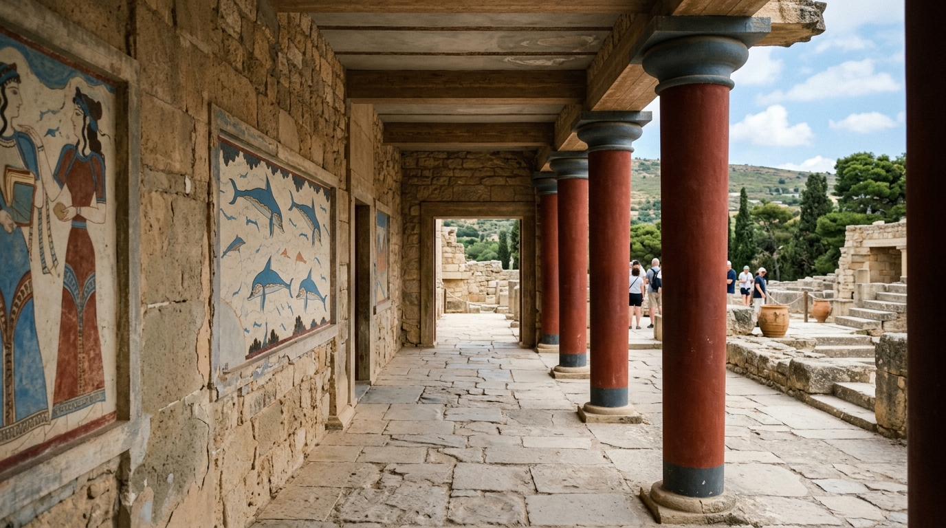 Palace of Knossos Crete ruins with ancient columns and fresco-lined corridors in best tours from santorini