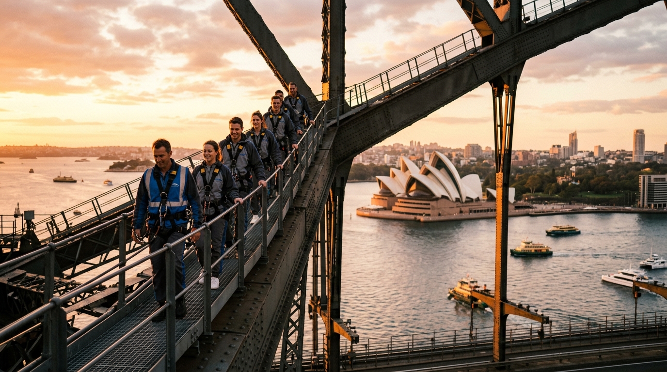 Tourists climbing Sydney Harbour Bridge at golden hour with Opera House visible in background