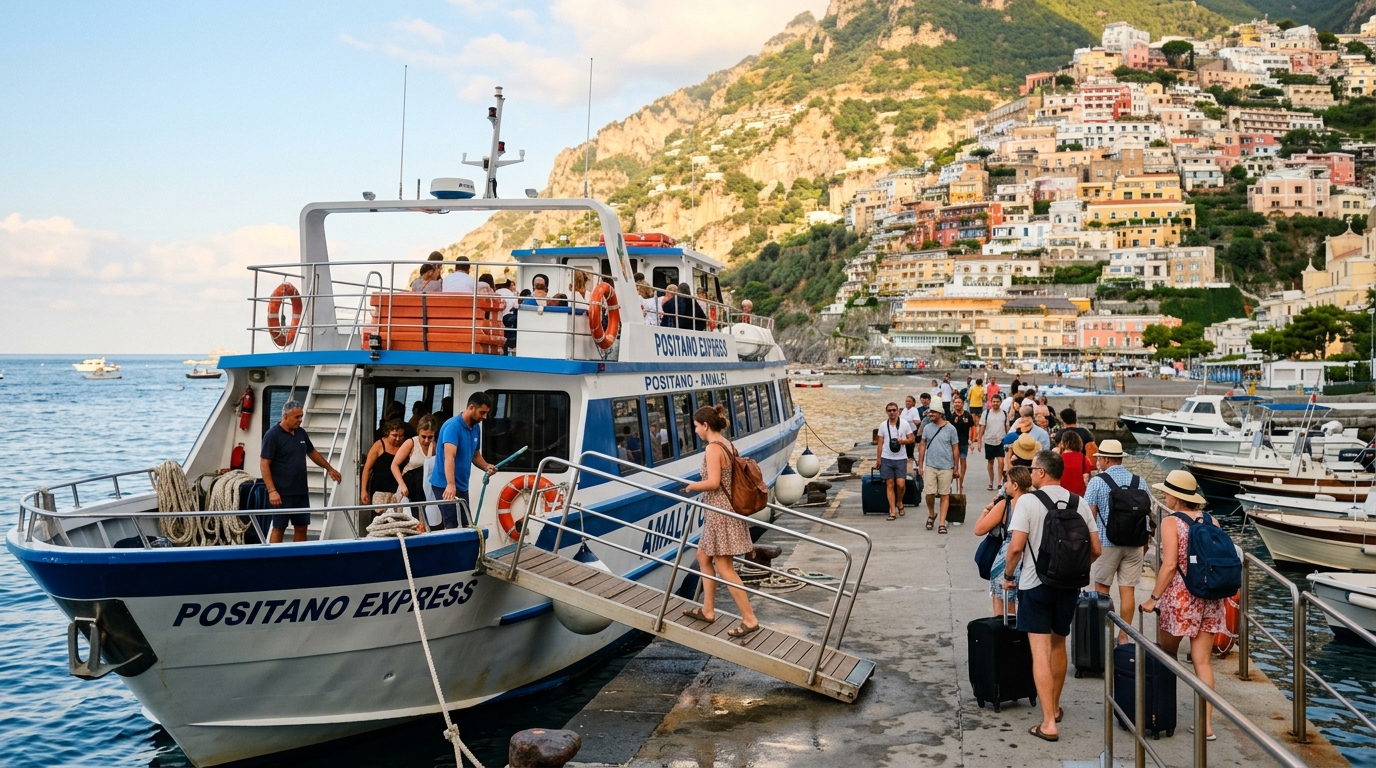 Positano ferry dock with morning light and boat ready to depart