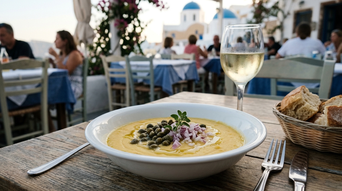 Santorini fava dish served in a white bowl with capers and red onion, local taverna table setting