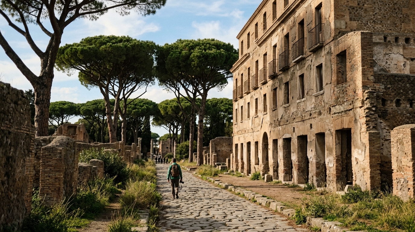 Ostia Antica ancient Roman street with intact apartment block ruins and pine trees in best things to do in rome