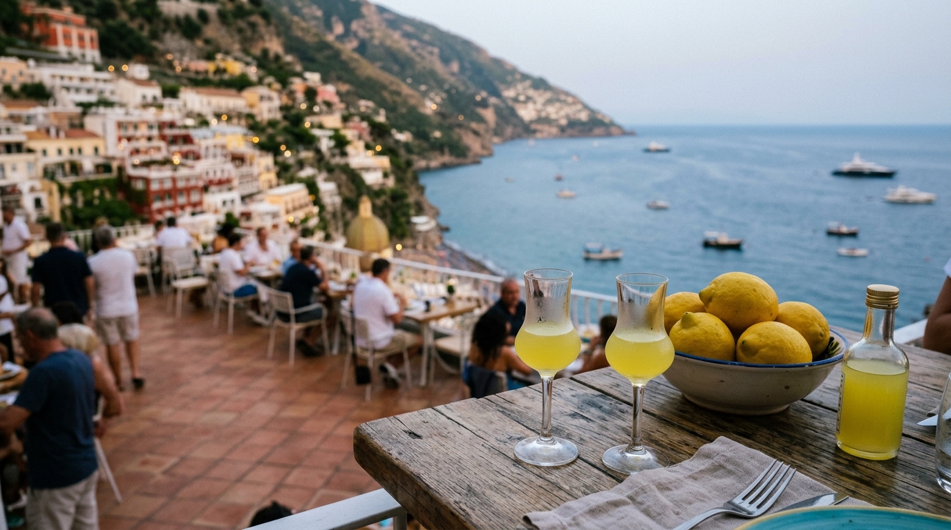Positano restaurant terrace with sea view and limoncello glasses