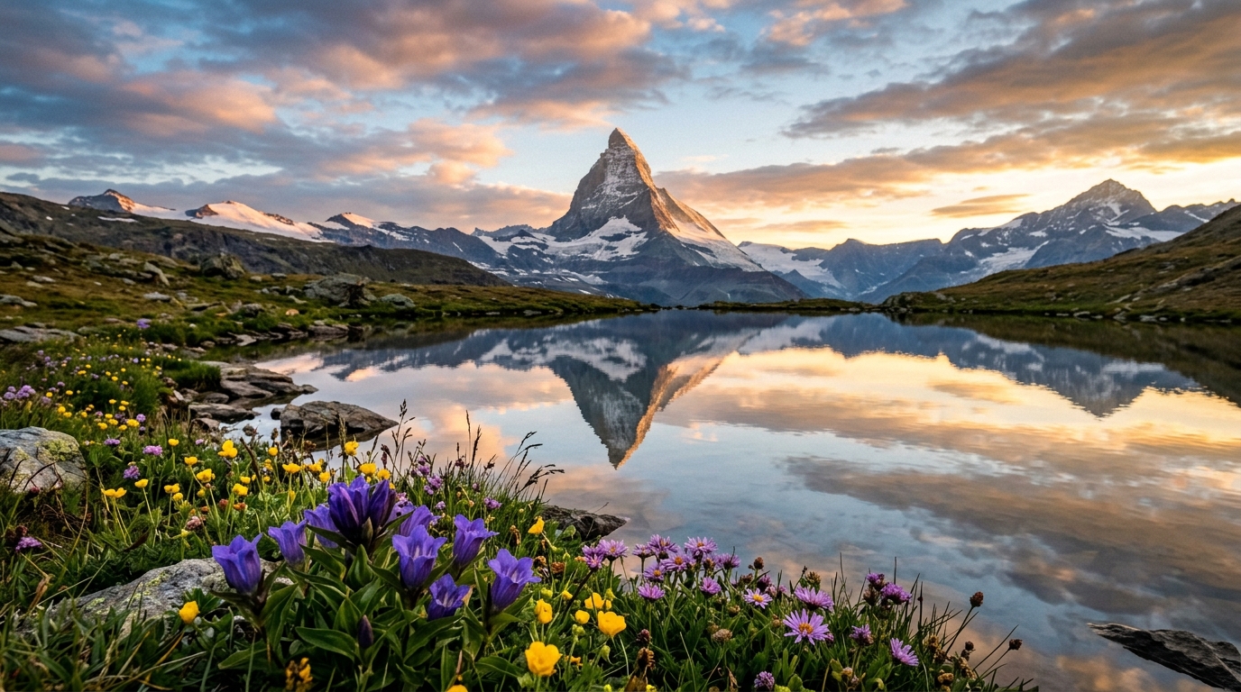 Matterhorn peak reflecting perfectly in Riffelsee lake at sunrise with alpine flowers in foreground in swiss alps travel guide