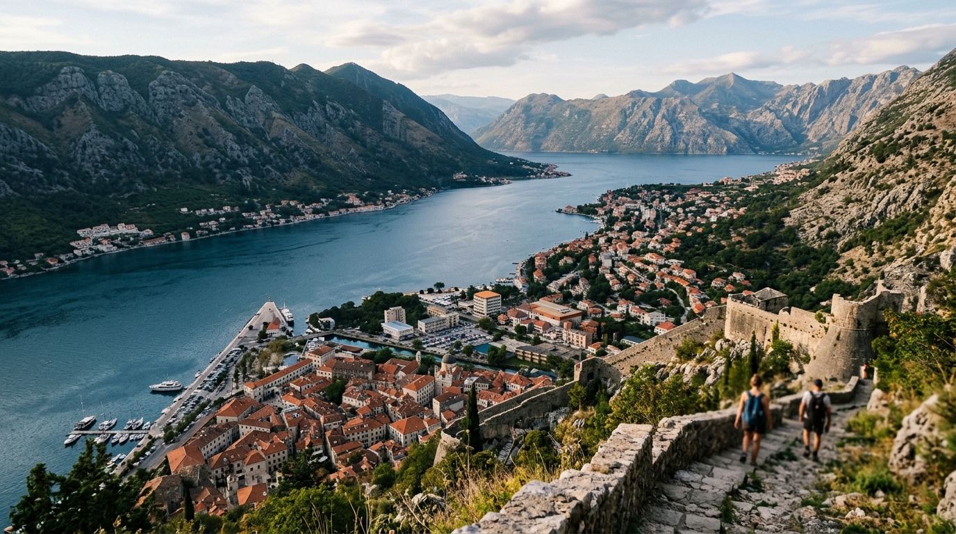 Kotor Bay Montenegro panorama with fortified medieval city walls and mountain backdrop in sveti stefan travel guide