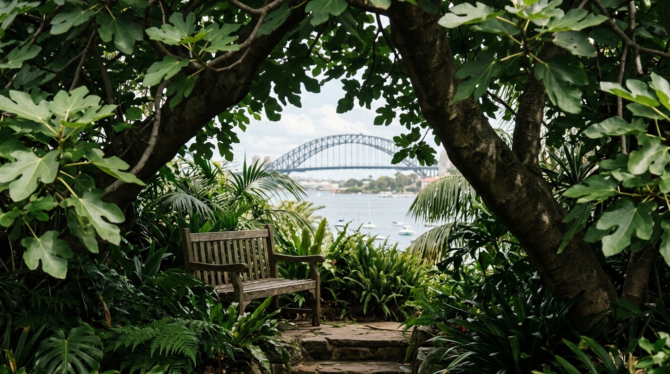Secluded garden bench with Harbour Bridge view through fig trees Lavender Bay Sydney