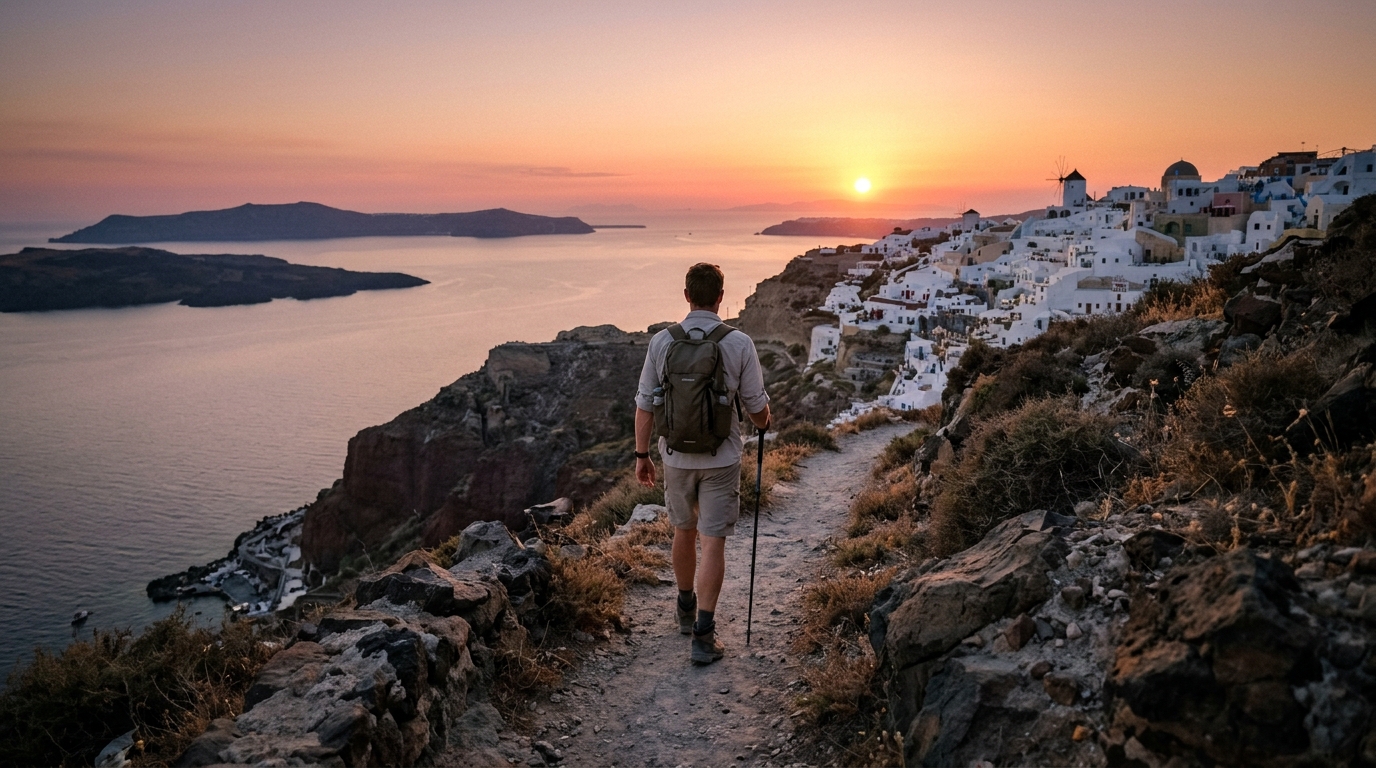 Hiker walking the Fira to Oia caldera rim trail Santorini at sunset