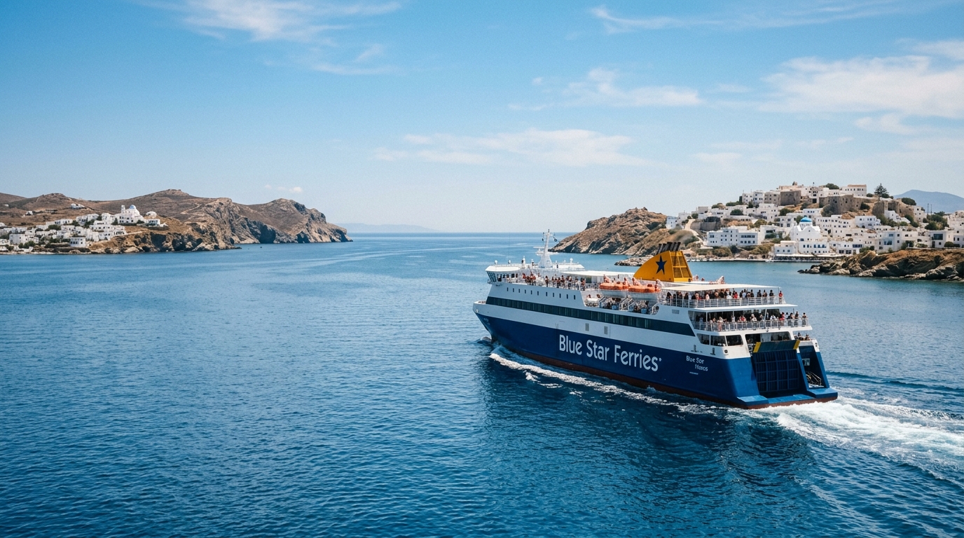 Ferry boat crossing the Aegean Sea between Greek islands on a sunny day with blue sky and calm water