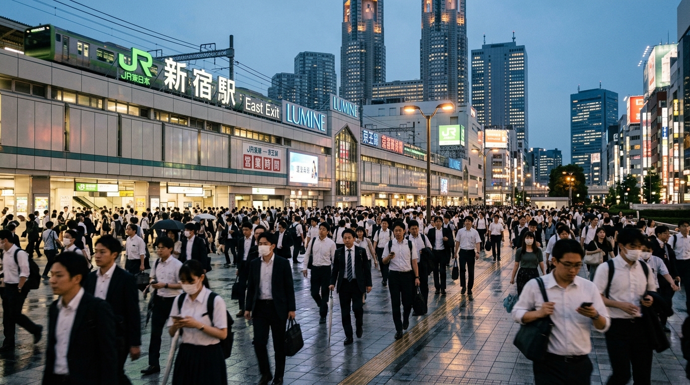 Tokyo Shinjuku station exterior at rush hour showing crowds and city skyline