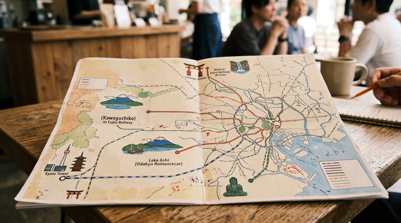 Tokyo day trips map showing train lines radiating from central Tokyo to Kamakura, Nikko, Hakone, Fuji Five Lakes, and Ky in best day trips from tokyo