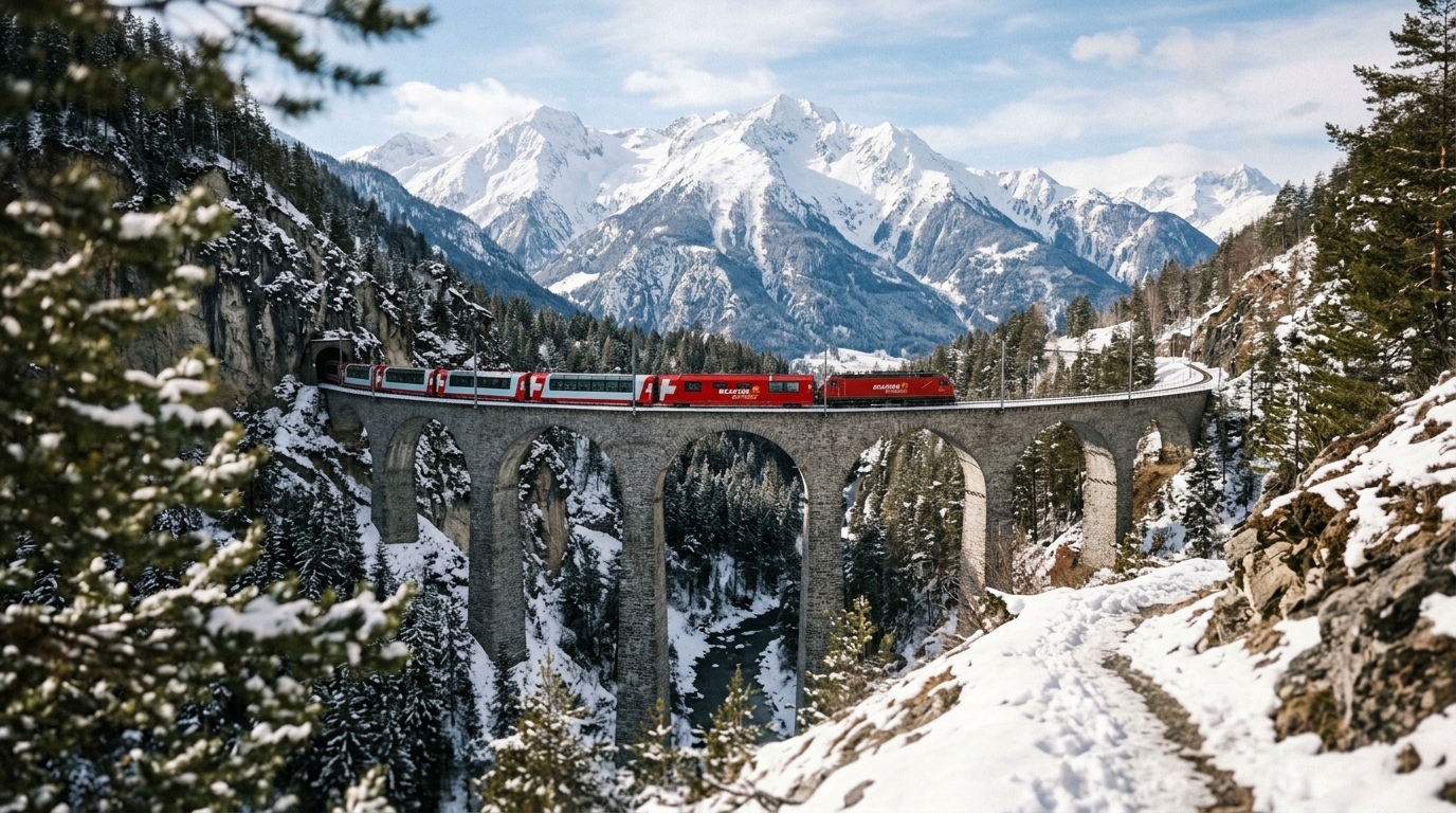 Red Glacier Express train crossing Landwasser Viaduct with snow-capped Alps in background in swiss alps travel guide