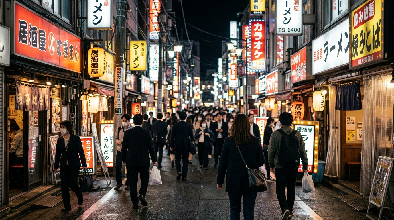 Tokyo Shinjuku street at night with neon signs and pedestrians