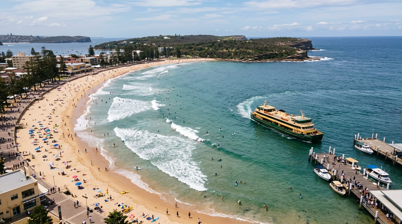 Manly Beach from above with surfers and the ferry approaching Manly Wharf