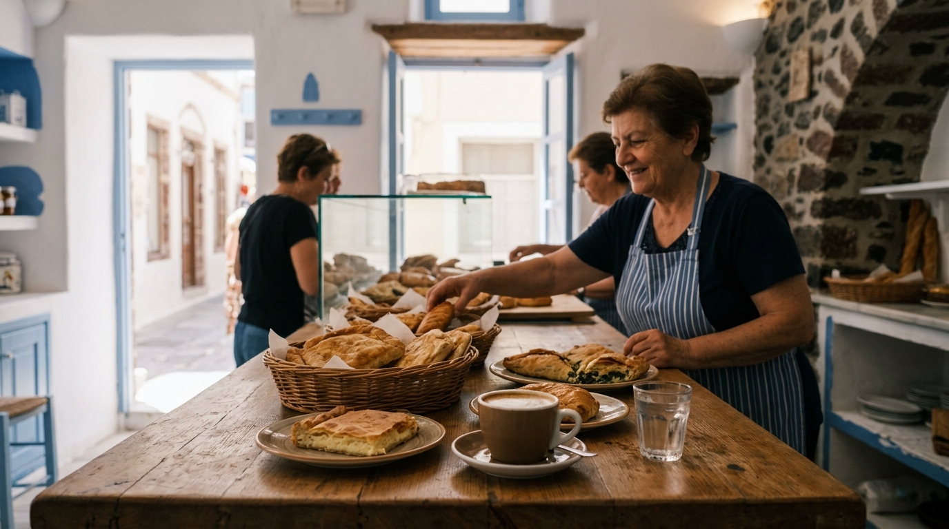 Local bakery interior in Fira Santorini with Greek pastries and coffee on counter