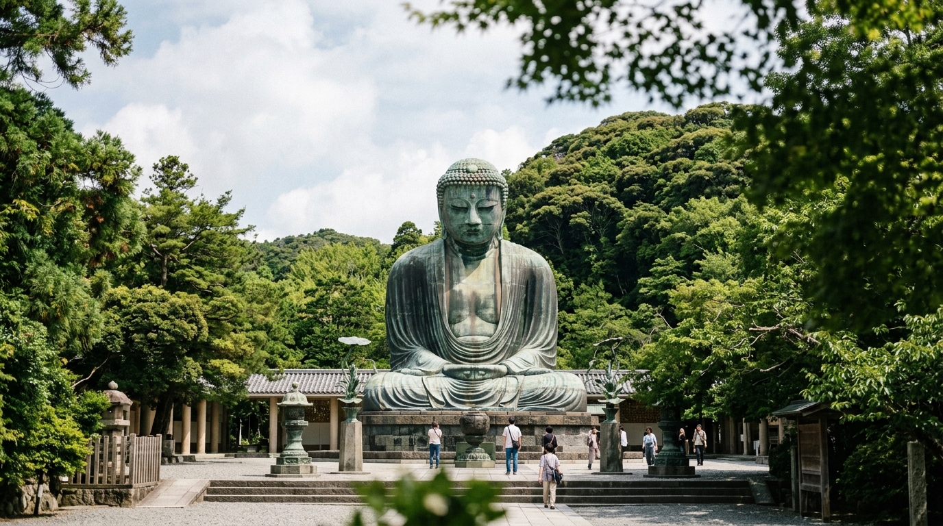 Kamakura Great Buddha bronze statue surrounded by trees in Kotoku-in temple grounds