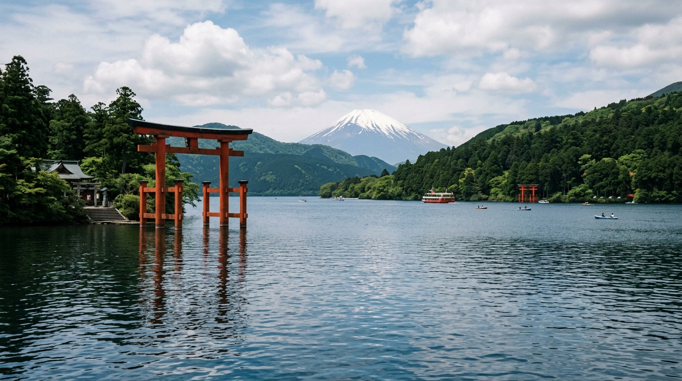 Hakone Lake Ashi with Mount Fuji in background and torii gate in water