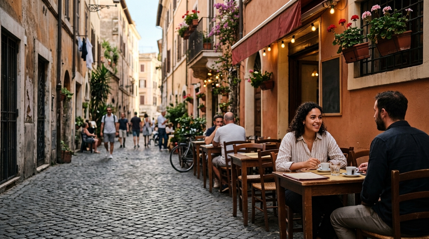 Rome street scene with cobblestones and outdoor cafe tables in Trastevere in best things to do in rome
