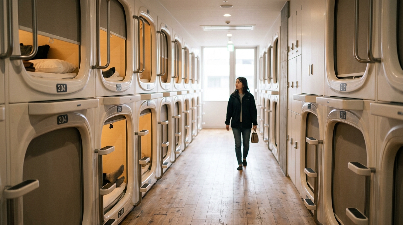 Tokyo capsule hotel interior with compact pod beds and clean design