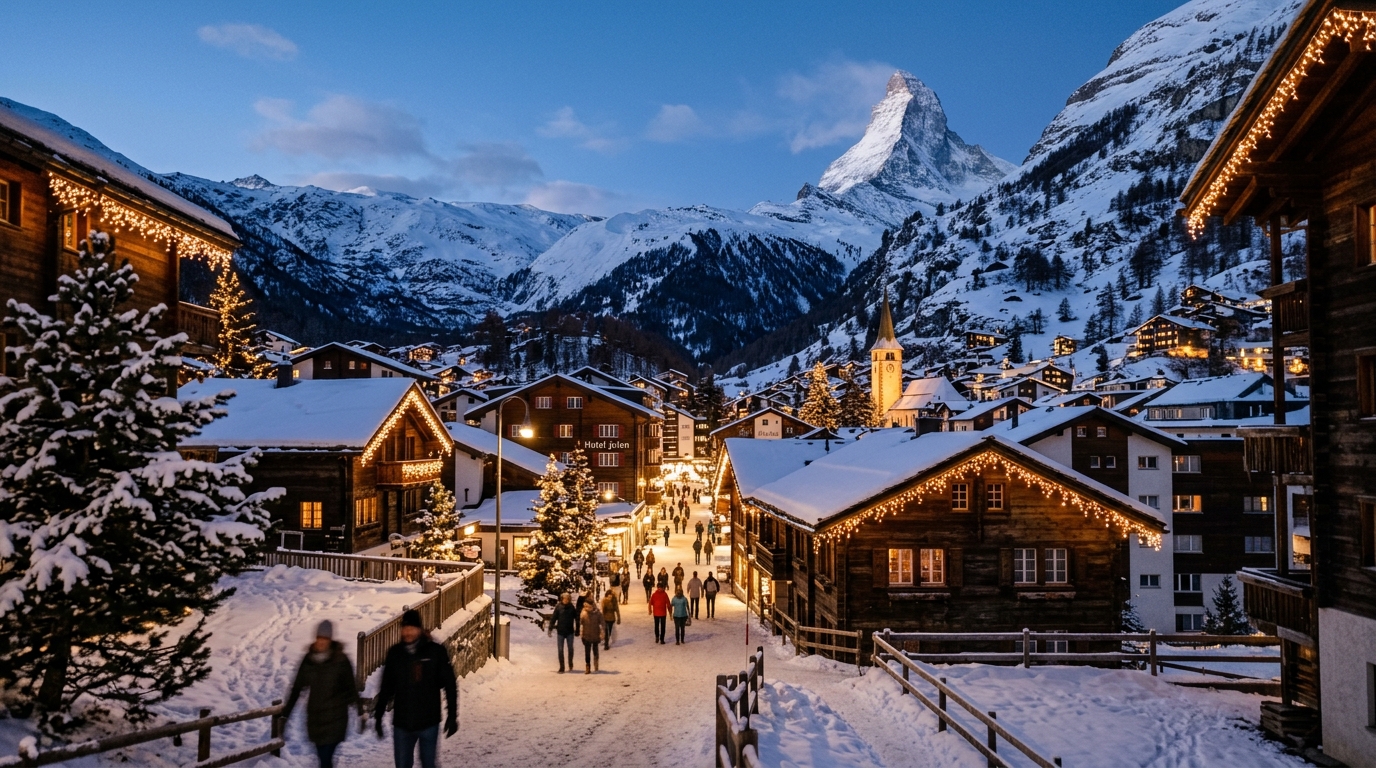 Swiss Alps village covered in fresh snow with Christmas lights and Matterhorn in background in swiss alps travel guide